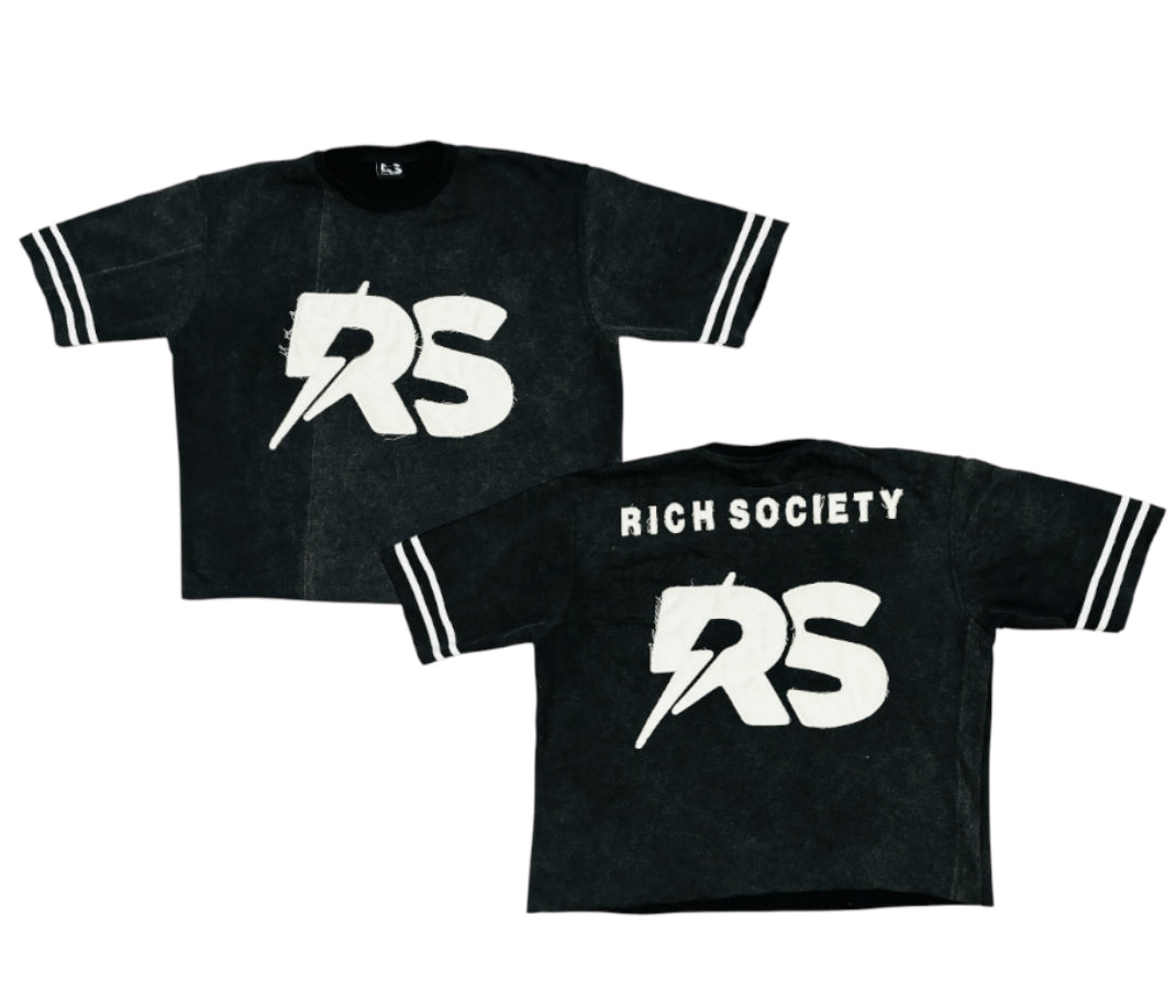 RichSociety Black Cropped Distressed Baseball Tee