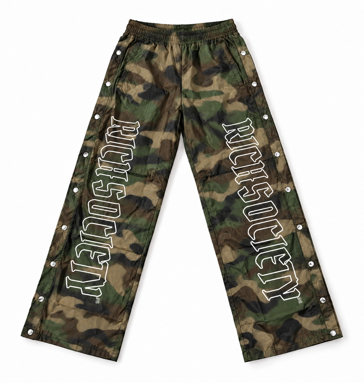 Camo RichSociety snap pants — full-pair mockup