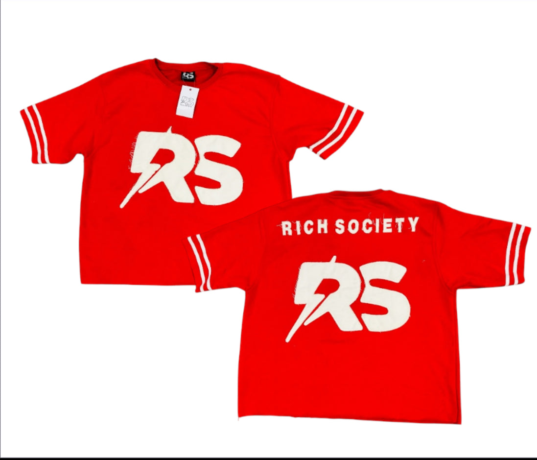 RichSociety Red Cropped Distressed Baseball Tee