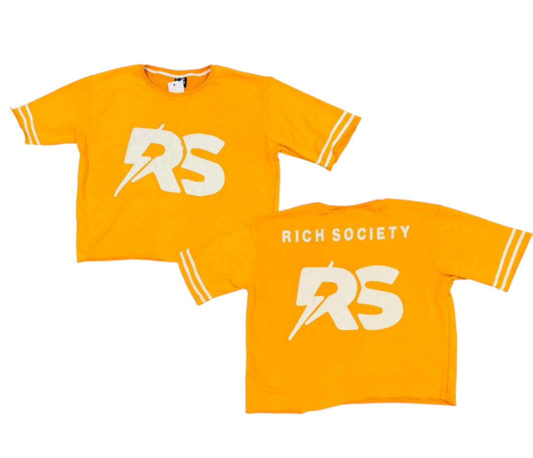 RichSociety Gold Cropped Distressed Baseball Tee