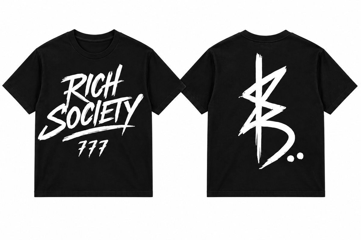 Rich Society 777 Script Tee — Black, front and back