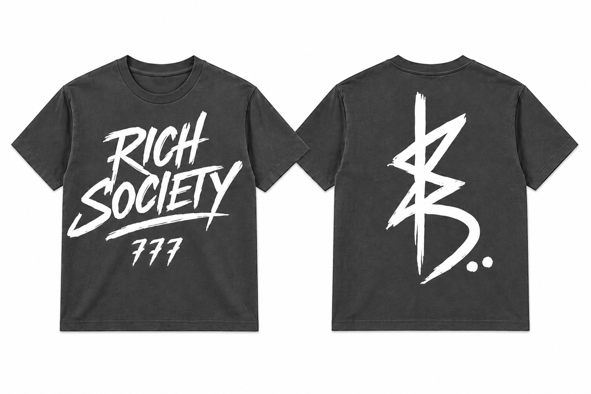 Rich Society 777 Script Tee — Charcoal, front and back