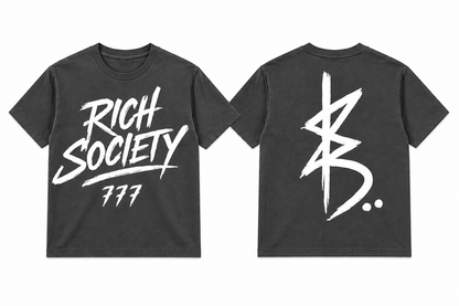 Rich Society 777 Script Tee — Charcoal, front and back