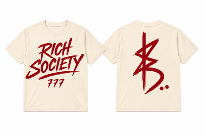 Rich Society 777 Script Tee — Cream, front and back