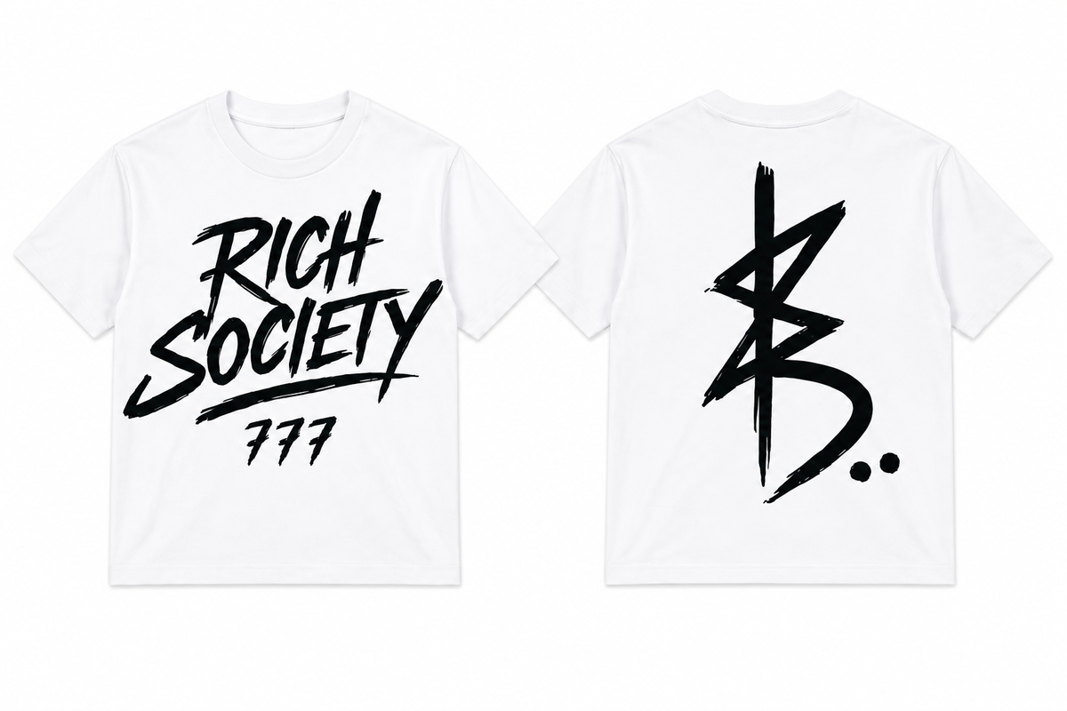 Rich Society 777 Script Tee — White, front and back