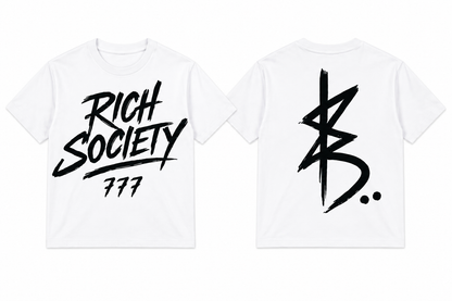 Rich Society 777 Script Tee — White, front and back