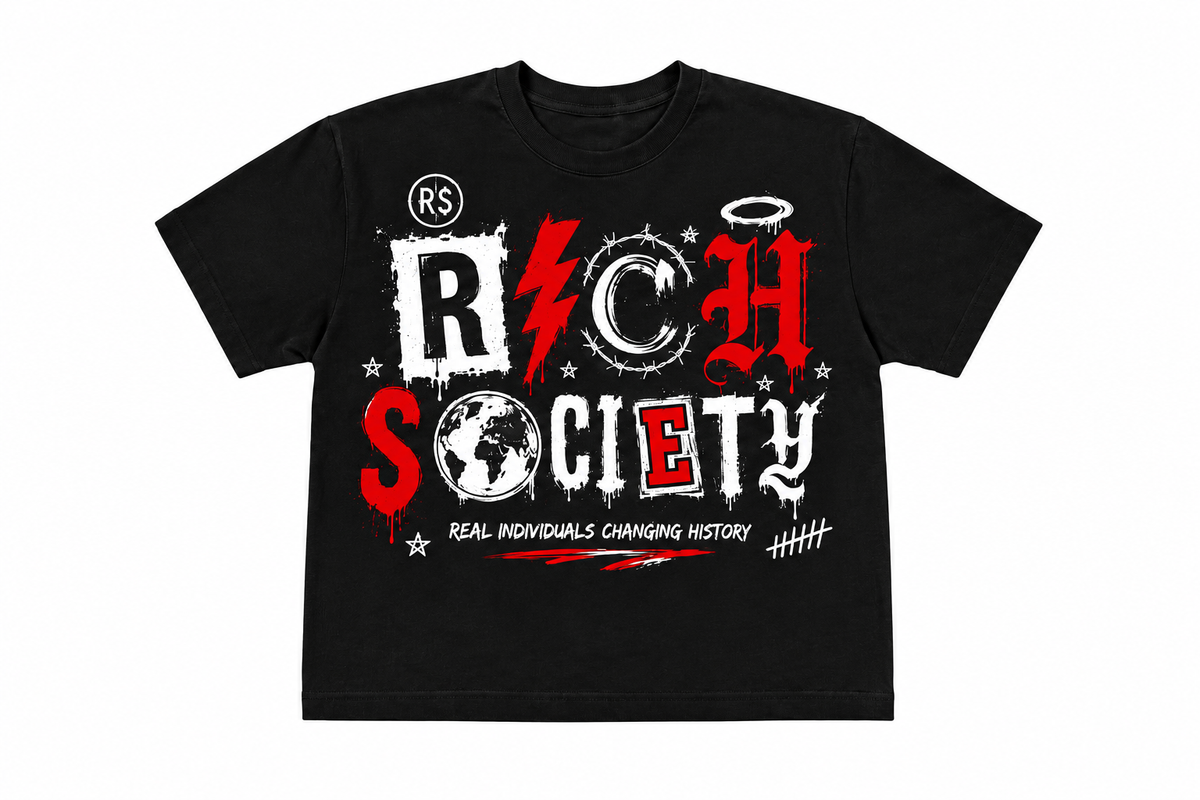Rich Society Mixed Letter Tee — Black, front view