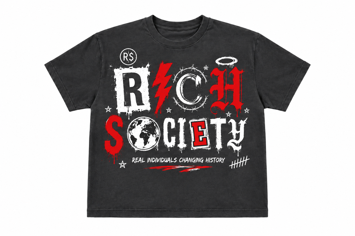 Rich Society Mixed Letter Tee — Charcoal, front view