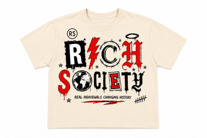 Rich Society Mixed Letter Tee — Cream, front view