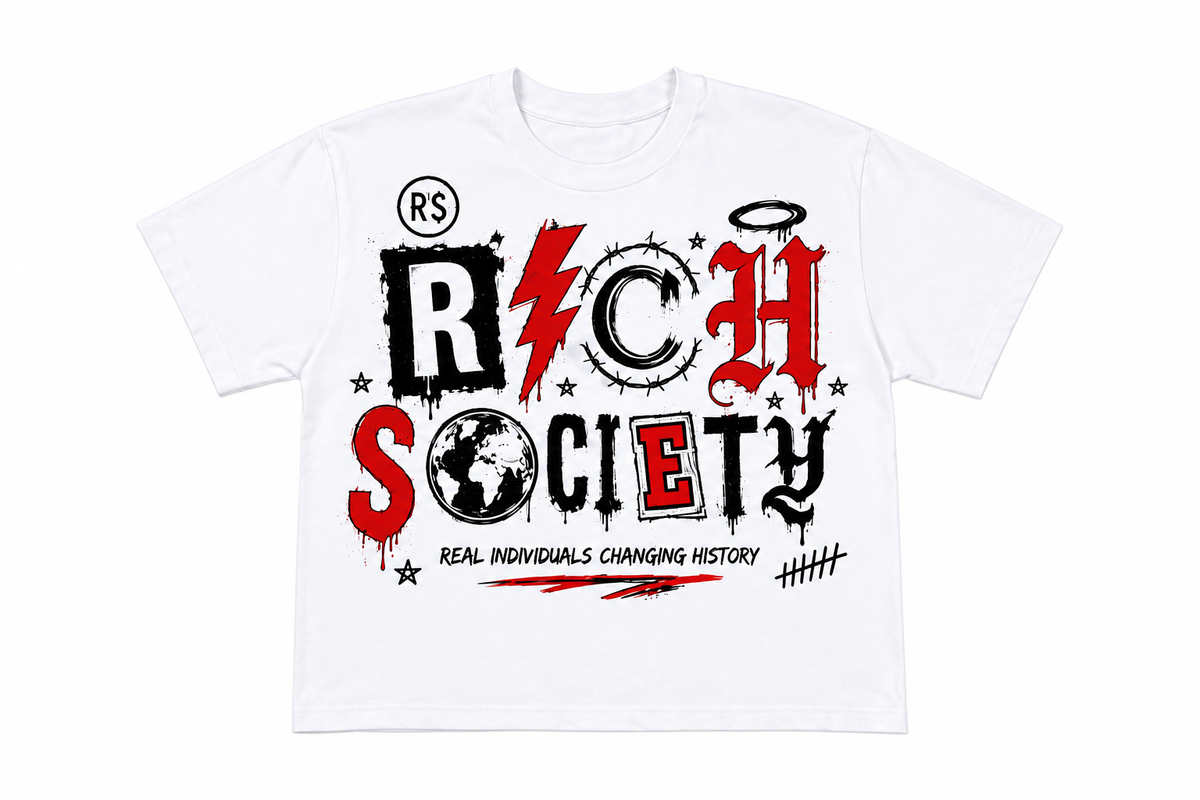Rich Society Mixed Letter Tee — White, front view