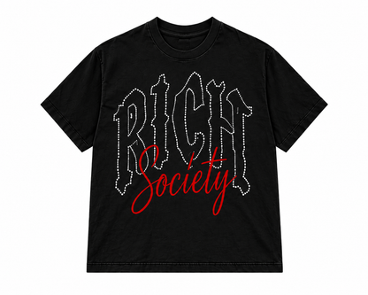 Rich Society Gothic Script Tee — Black, front view