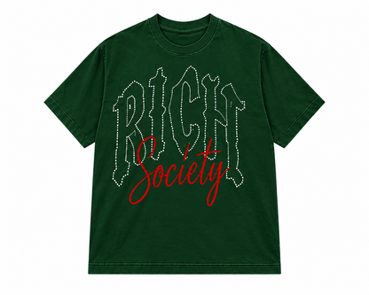 Rich Society Gothic Script Tee — Forest Green, front view