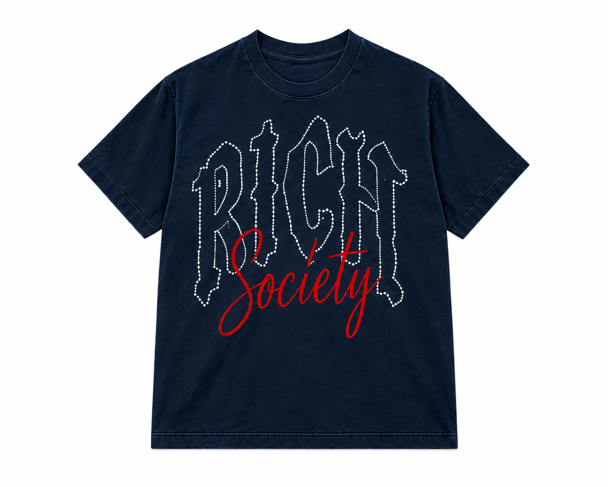 Rich Society Gothic Script Tee — Navy, front view
