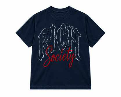 Rich Society Gothic Script Tee — Navy, front view