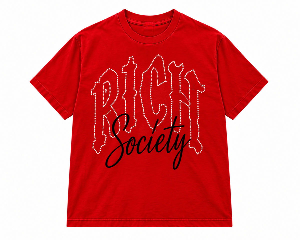 Rich Society Gothic Script Tee — Red, front view