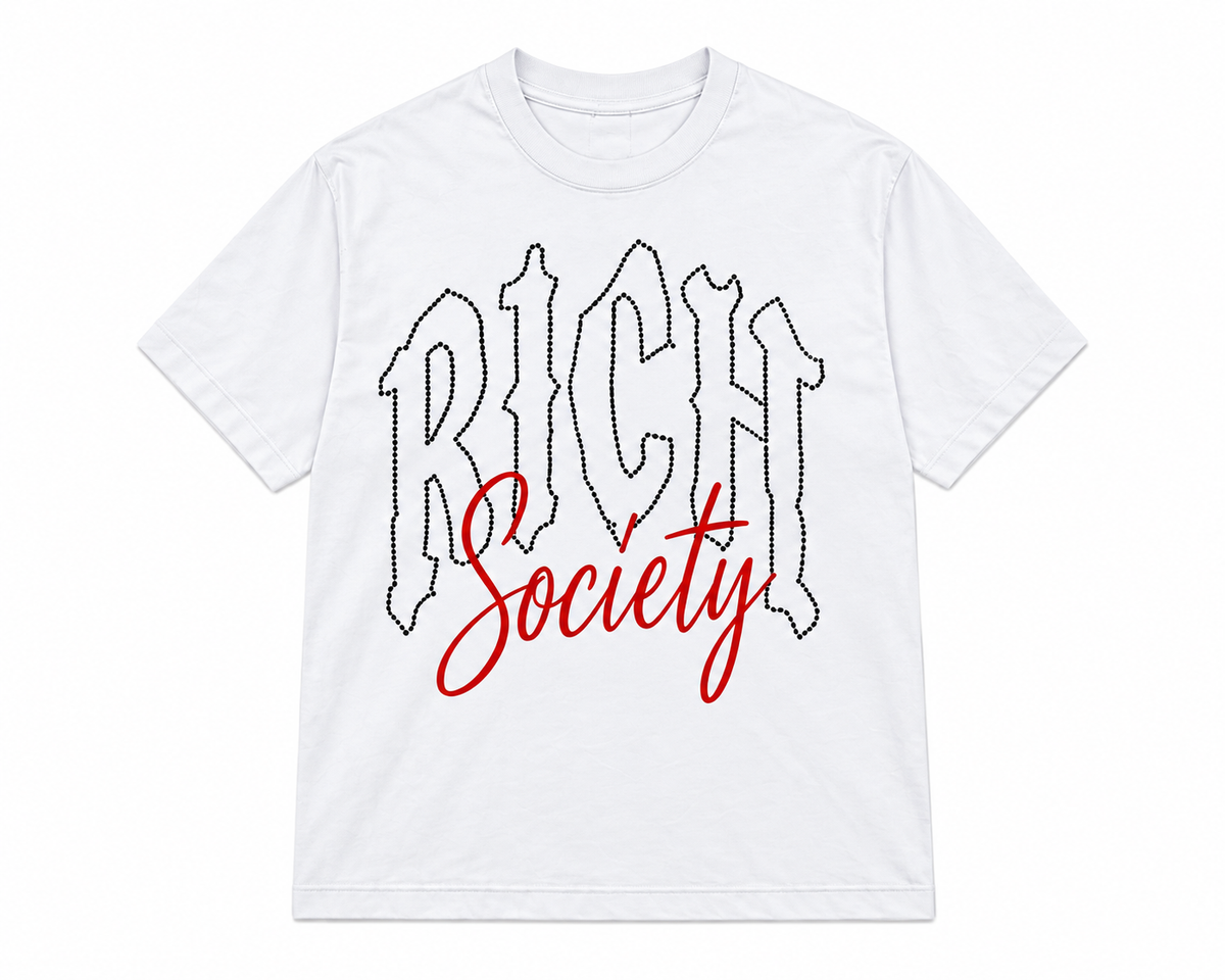 Rich Society Gothic Script Tee — White, front view