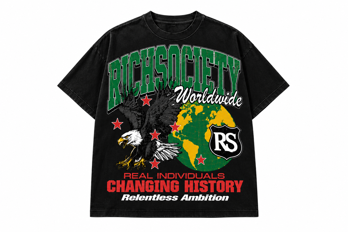 Rich Society Worldwide Eagle Tee — Black, front view