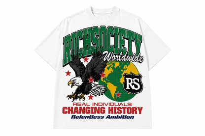 Rich Society Worldwide Eagle Tee — White, front view