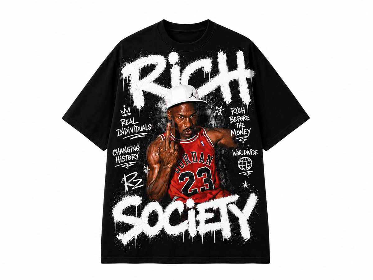 Rich Society Basketball Portrait Tee — Black, front view
