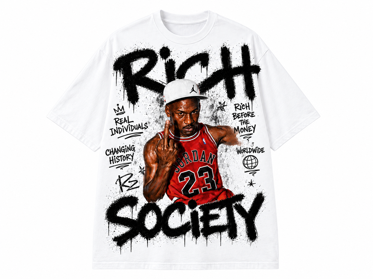 Rich Society Basketball Portrait Tee — White, front view