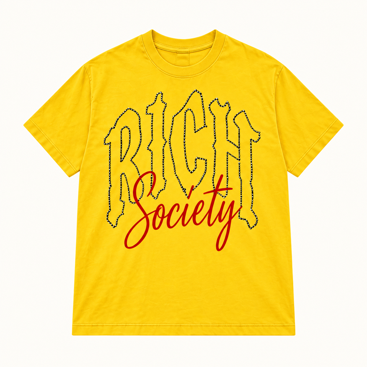 Rich Society Gothic Script Yellow tee
