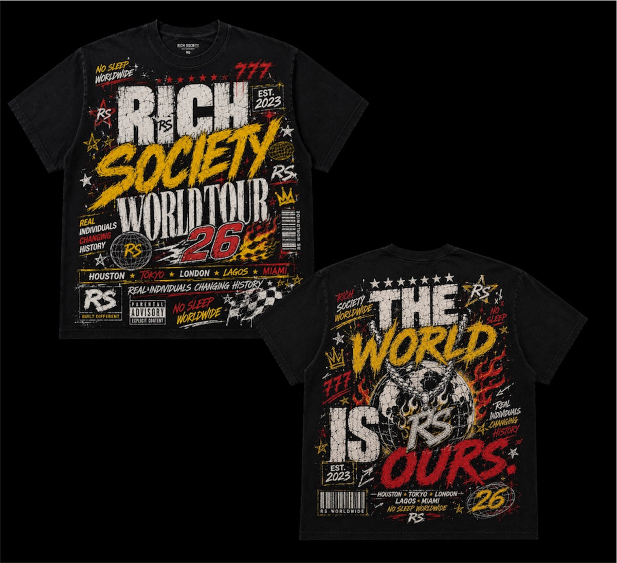 Rich Society World Tour 26 tee, black with yellow graphics, front and back