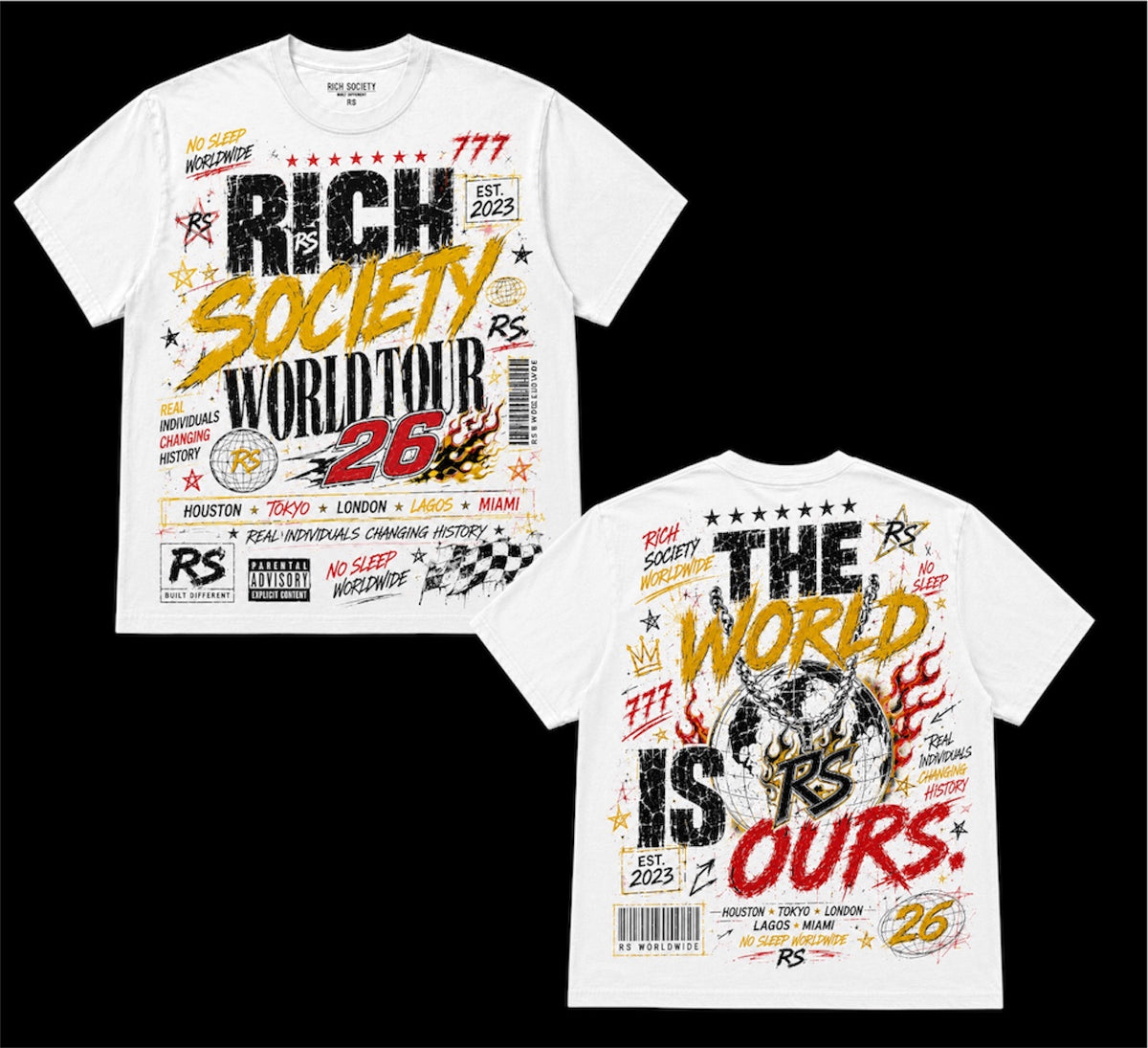 Rich Society World Tour 26 tee, white with yellow graphics, front and back