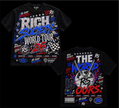Rich Society World Tour 26 tee, black with blue graphics, front and back