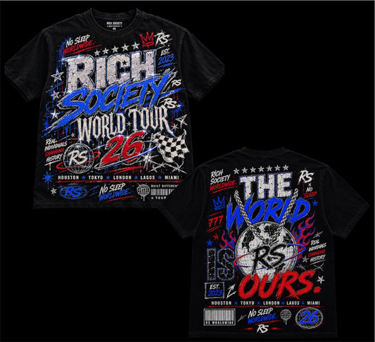 Rich Society World Tour 26 tee, black with blue graphics, front and back