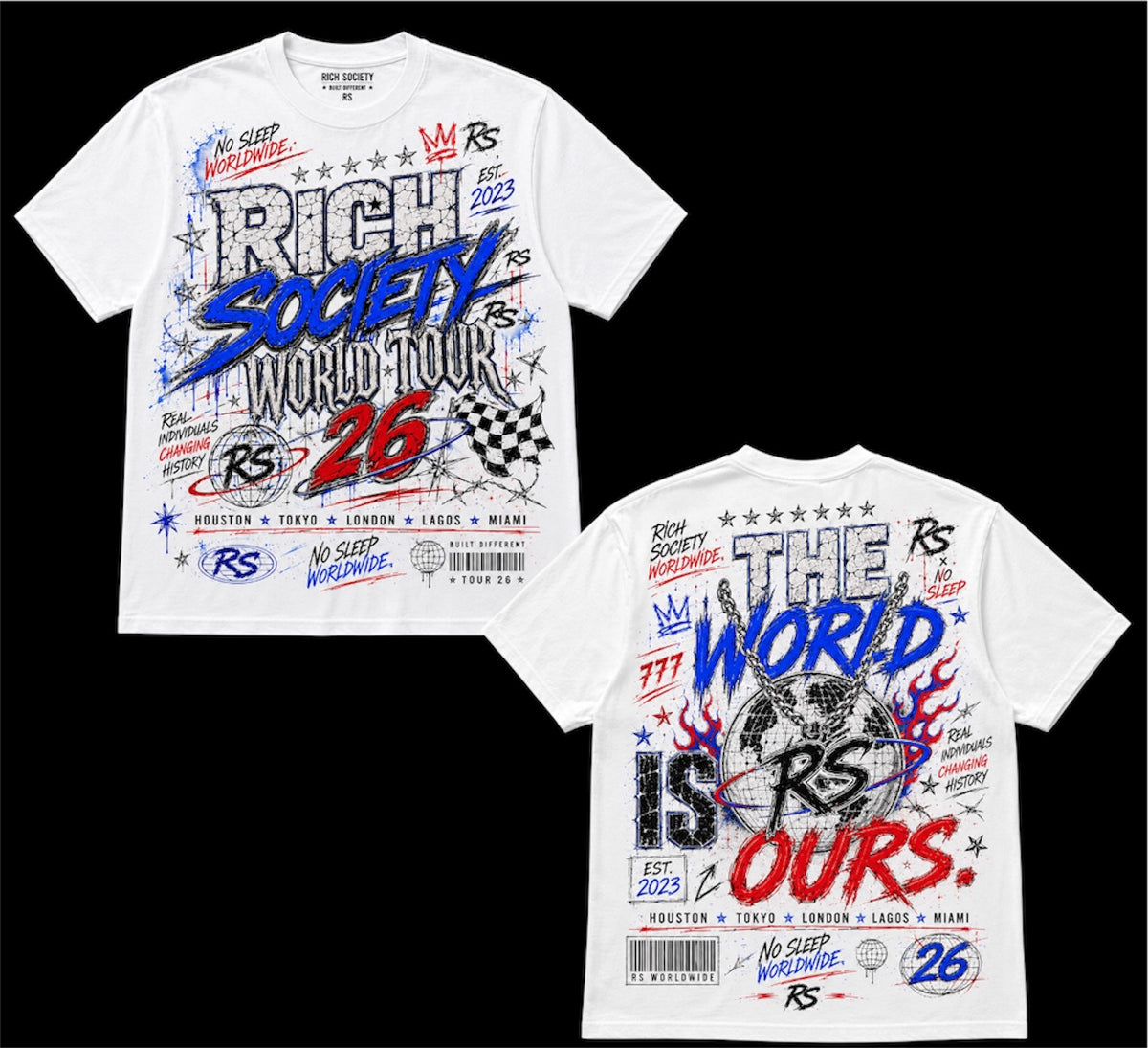 Rich Society World Tour 26 tee, white with blue graphics, front and back