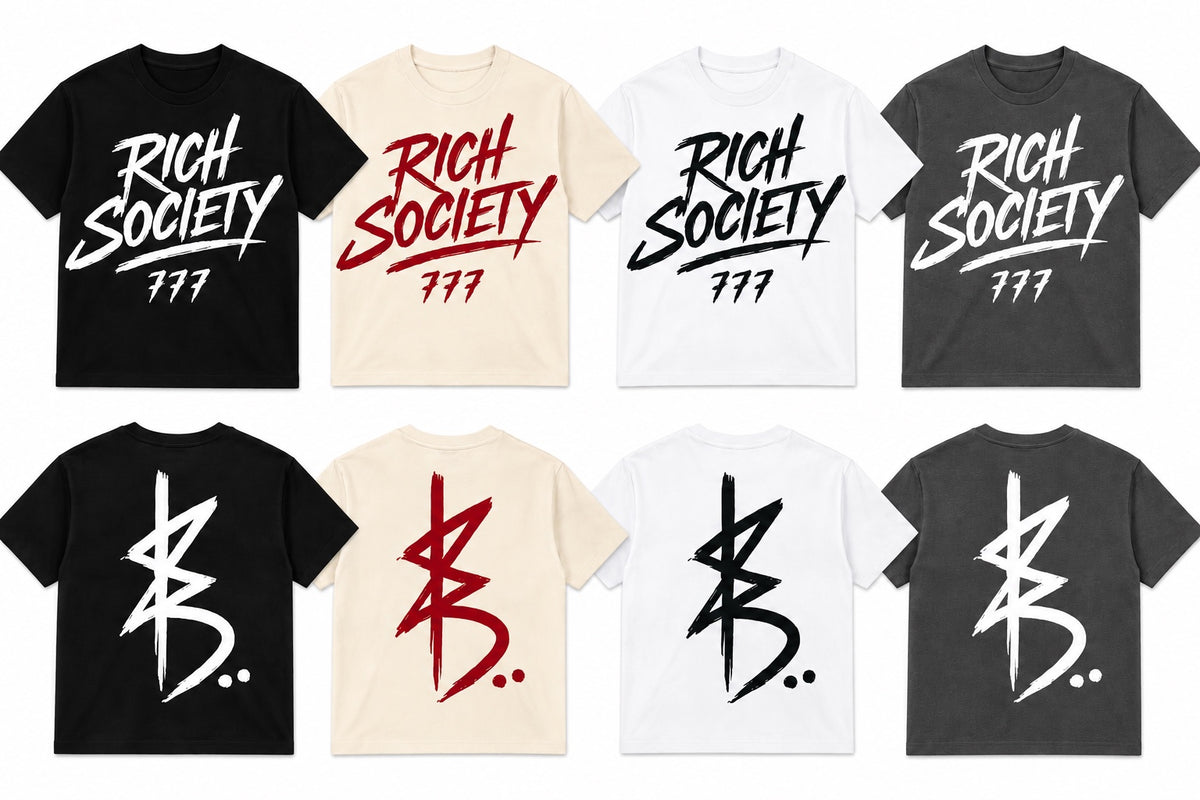 Rich Society 777 script tee, black, cream, white and charcoal, front and back