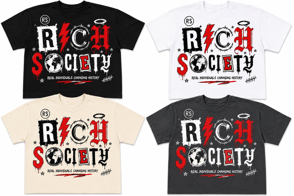 Rich Society mixed-letter graphic tee in black, white, cream and charcoal
