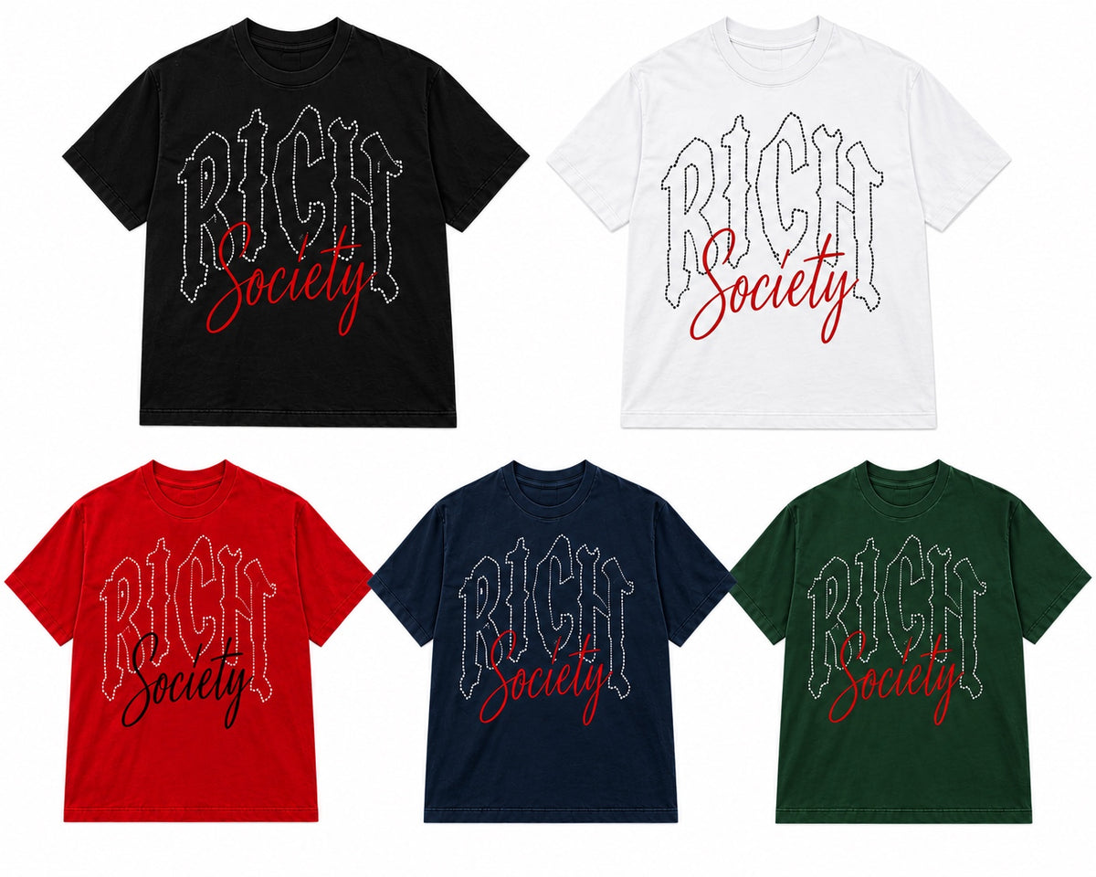 Rich Society outlined gothic and script tee in black, white, red, navy and green