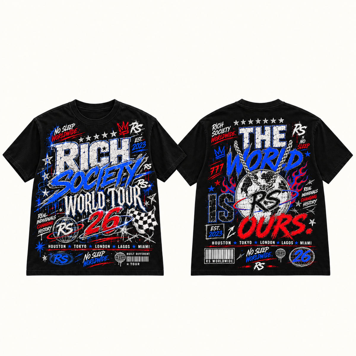 Rich Society World Tour 26 Blue Black tee front and back