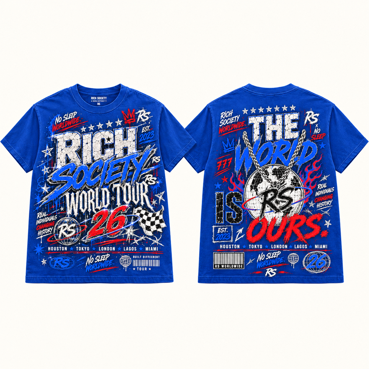 Rich Society World Tour 26 Blue Blue tee front and back