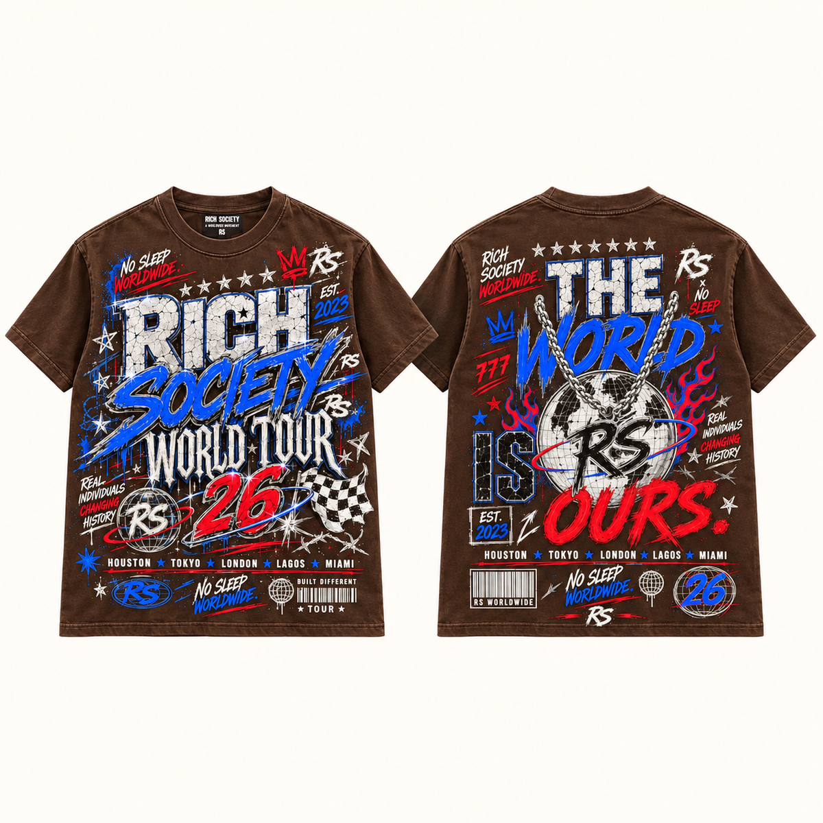 Rich Society World Tour 26 Blue Brown tee front and back