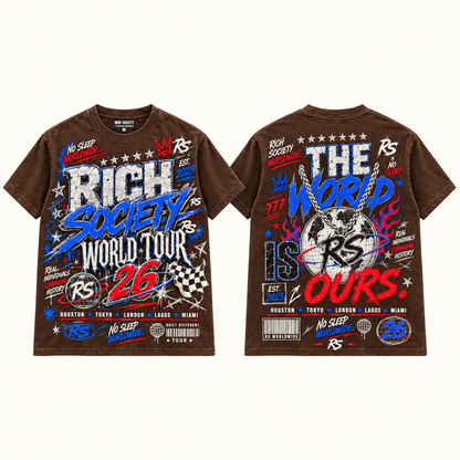 Rich Society World Tour 26 Blue Brown tee front and back