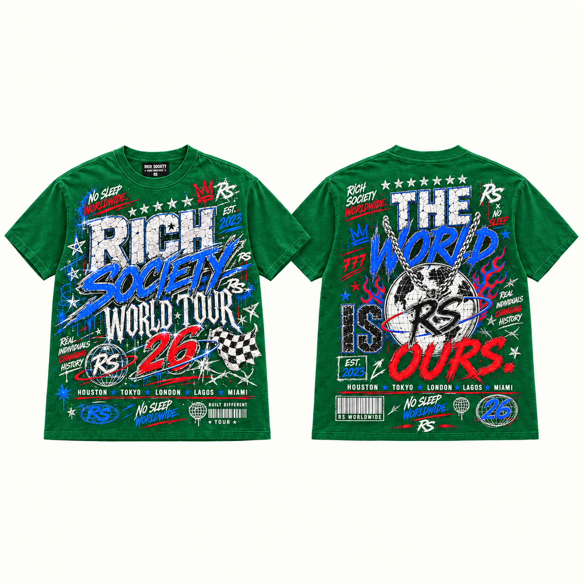 Rich Society World Tour 26 Blue Green tee front and back