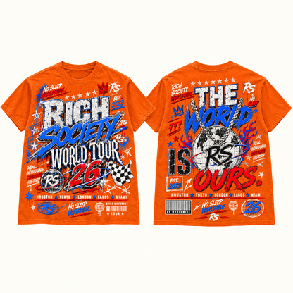 Rich Society World Tour 26 Blue Orange tee front and back