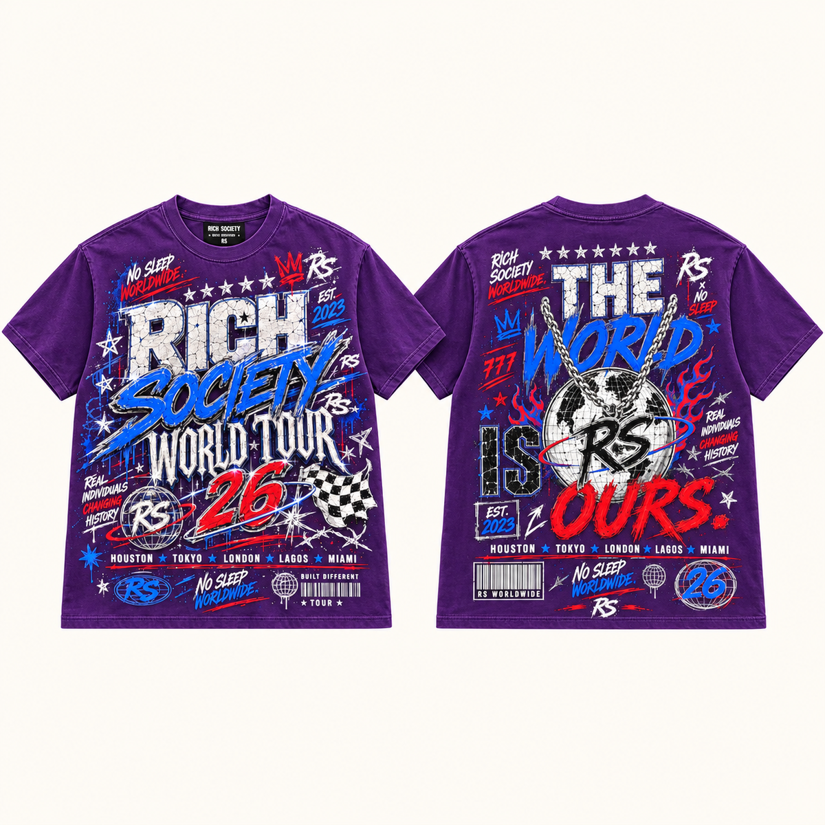 Rich Society World Tour 26 Blue Purple tee front and back