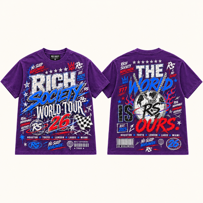 Rich Society World Tour 26 Blue Purple tee front and back