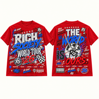 Rich Society World Tour 26 Blue Red tee front and back