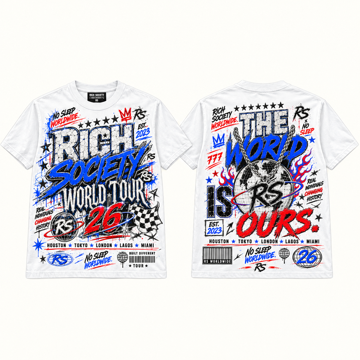 Rich Society World Tour 26 Blue White tee front and back