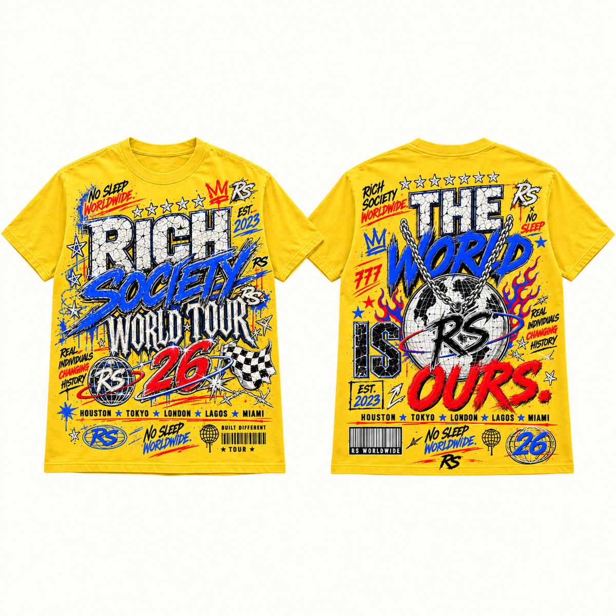 Rich Society World Tour 26 Blue Yellow tee front and back