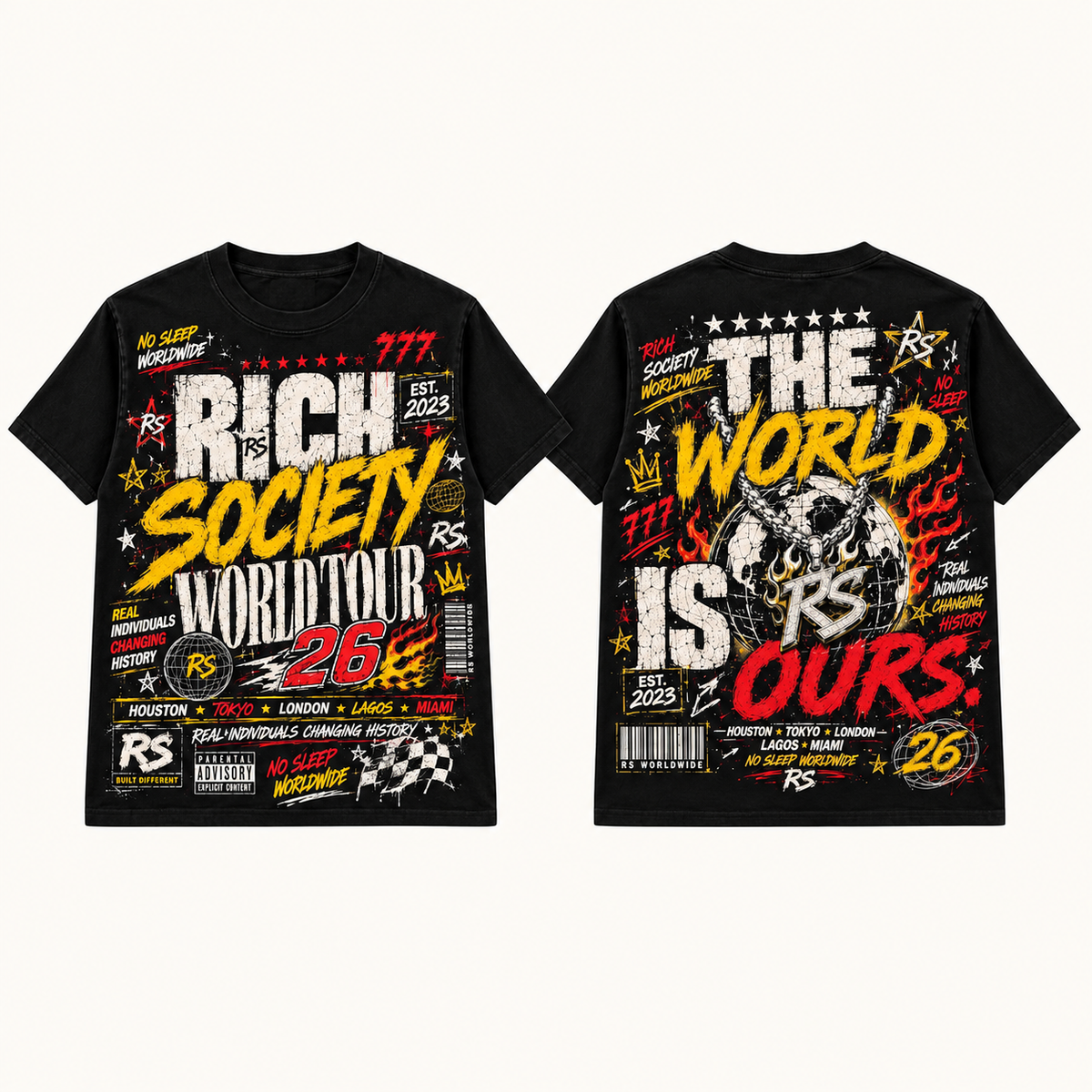 Rich Society World Tour 26 Yellow Black tee front and back