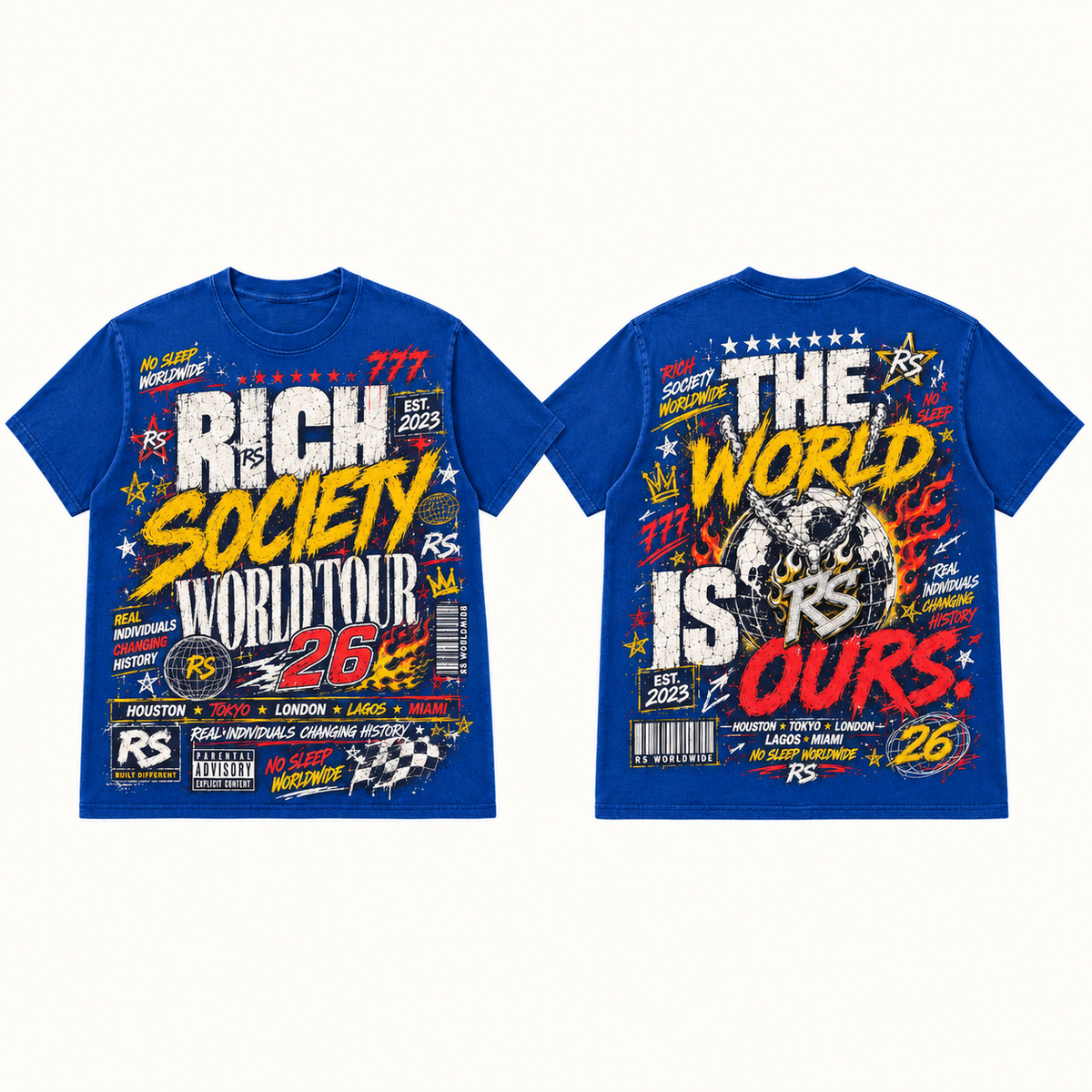 Rich Society World Tour 26 Yellow Blue tee front and back
