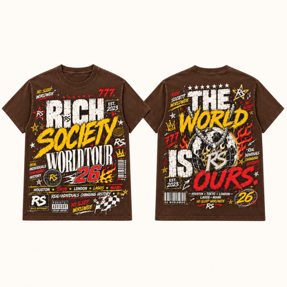 Rich Society World Tour 26 Yellow Brown tee front and back