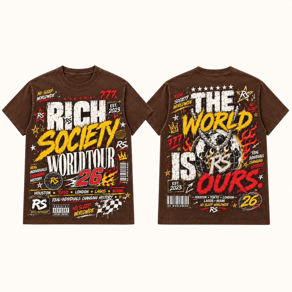 Rich Society World Tour 26 Yellow Brown tee front and back