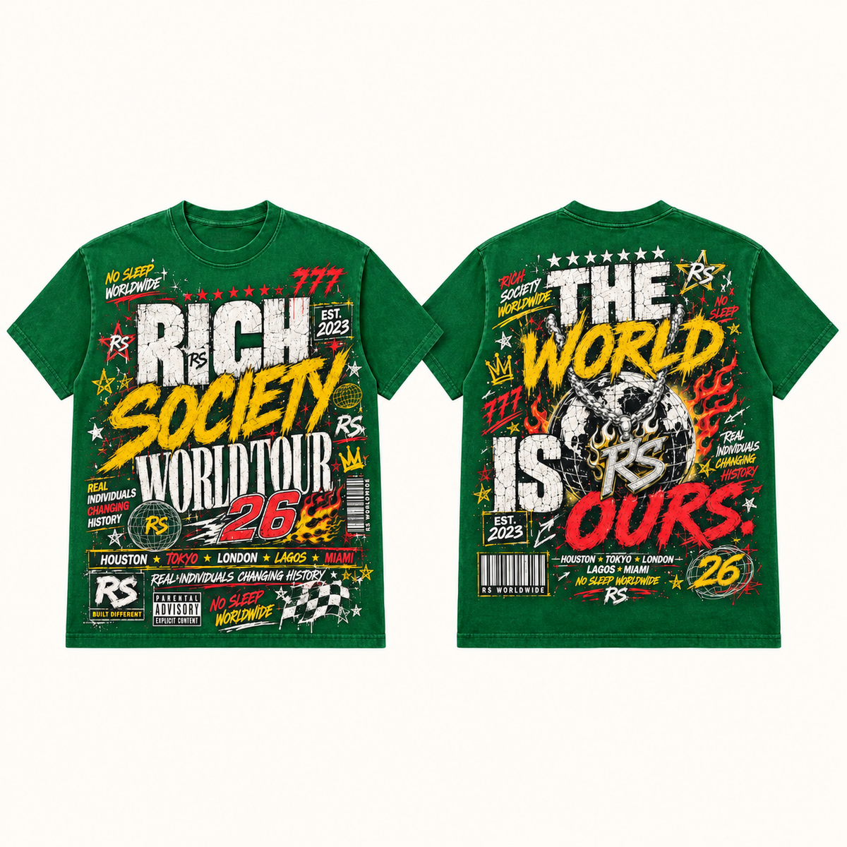 Rich Society World Tour 26 Yellow Green tee front and back