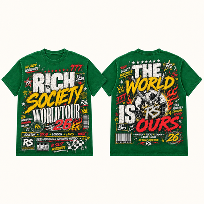 Rich Society World Tour 26 Yellow Green tee front and back